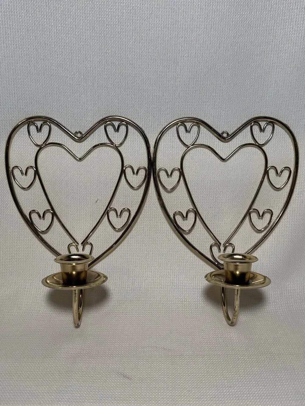 VTG MCM Homco Pair of Brass Plated Open Heart Design Wall Sconces 8” Valentines